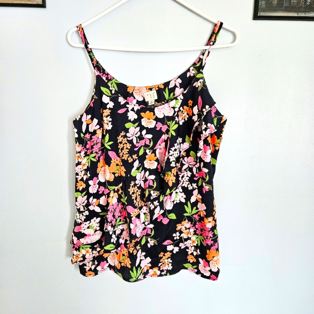 5/$30 A New Day Spaghetti Strap Floral Scoop Neck Ruffle Front Blouse Size L